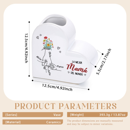Jarrón Corazón de Cerámica Personalizado con 2 a 6 Nombres « La mejor mamá/abuela del mundo »