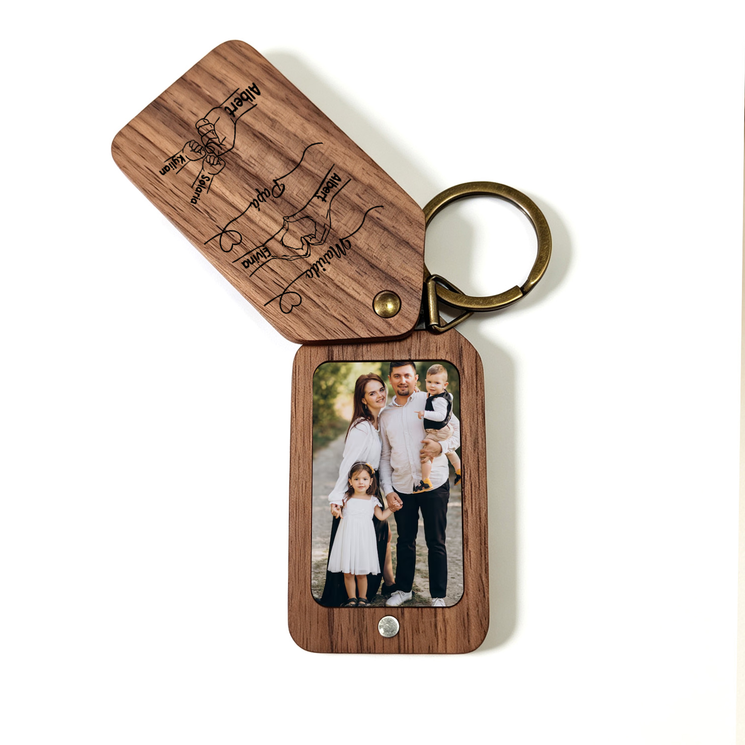 Llavero de madera personalizado con foto, de 2 a 9 nombres y puños para papá o marido