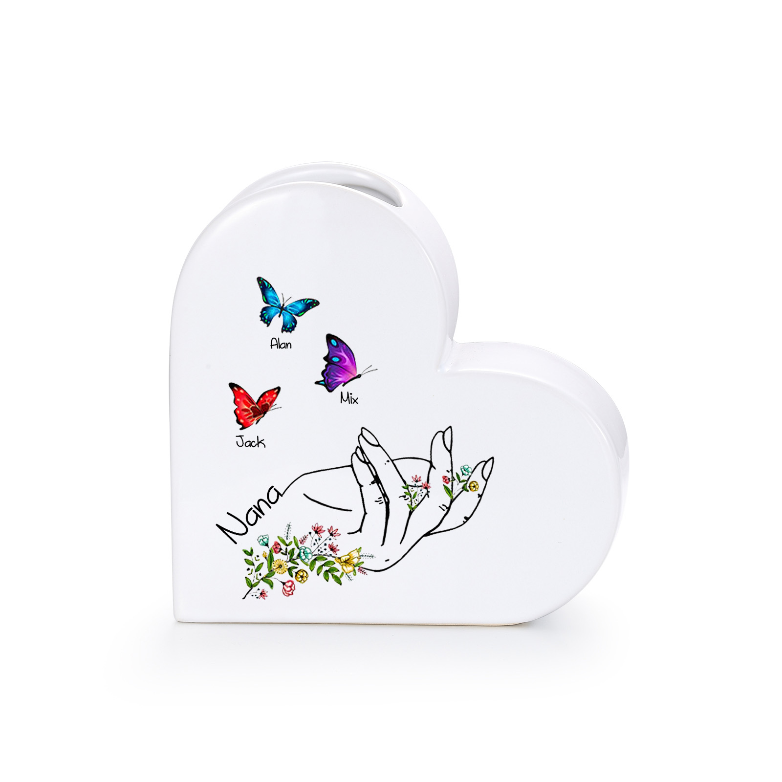 Jarrón de cerámica personalizado con corazón, con 2–8 nombres y 1 texto, ideal como regalo de cumpleaños, Día de la Madre o Navidad para la abuela o mamá | Jessemade