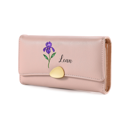 Cartera larga de piel para mujer personalizada, hecha a medida con flor de nacimiento y nombre
