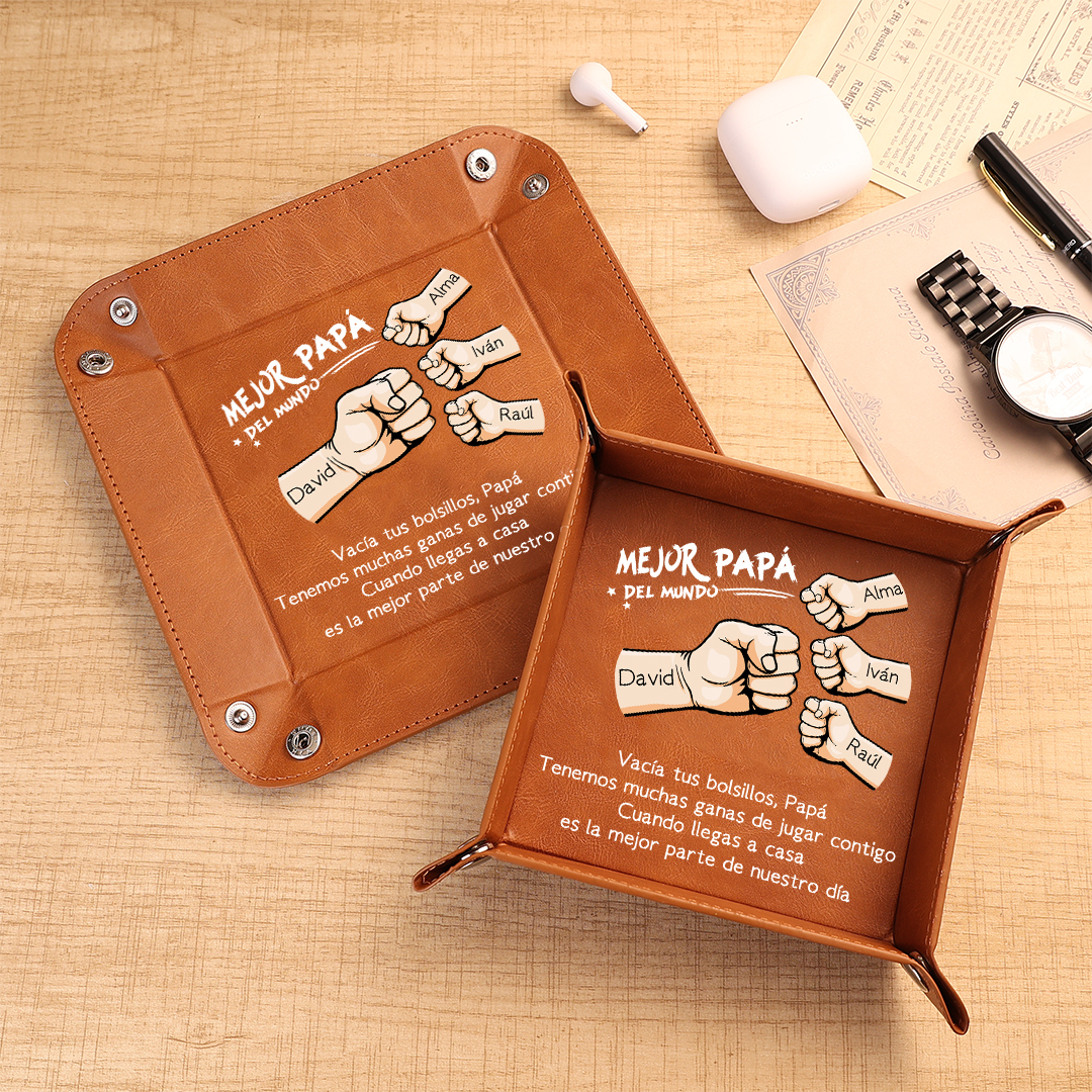 Bandeja vaciabolsillos de cuero personalizada para papá con 1 a 6 nombres y motivo de puño