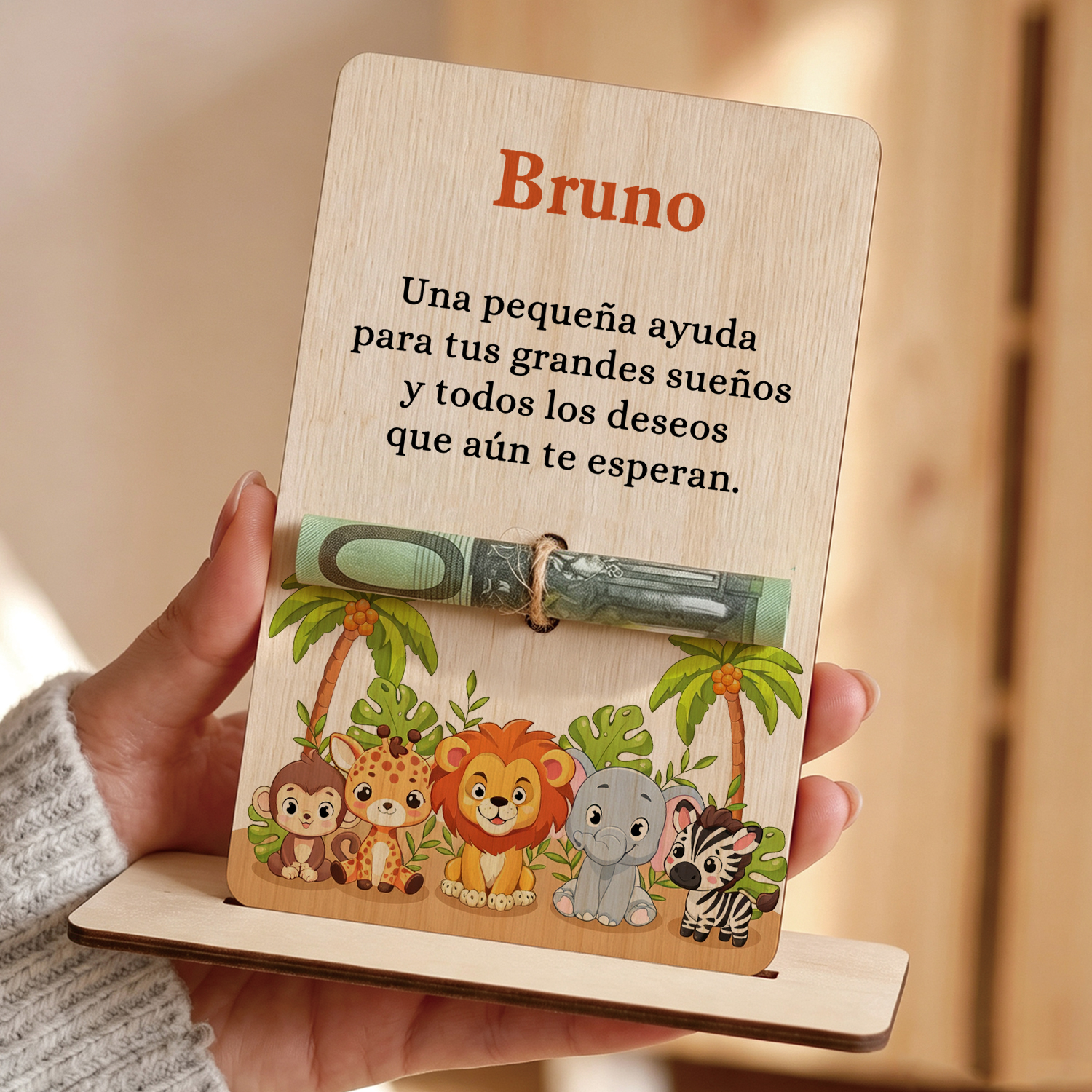 Tarjeta de madera personalizado con nombre – Regalo de cumpleaños infantil con diseño de animales