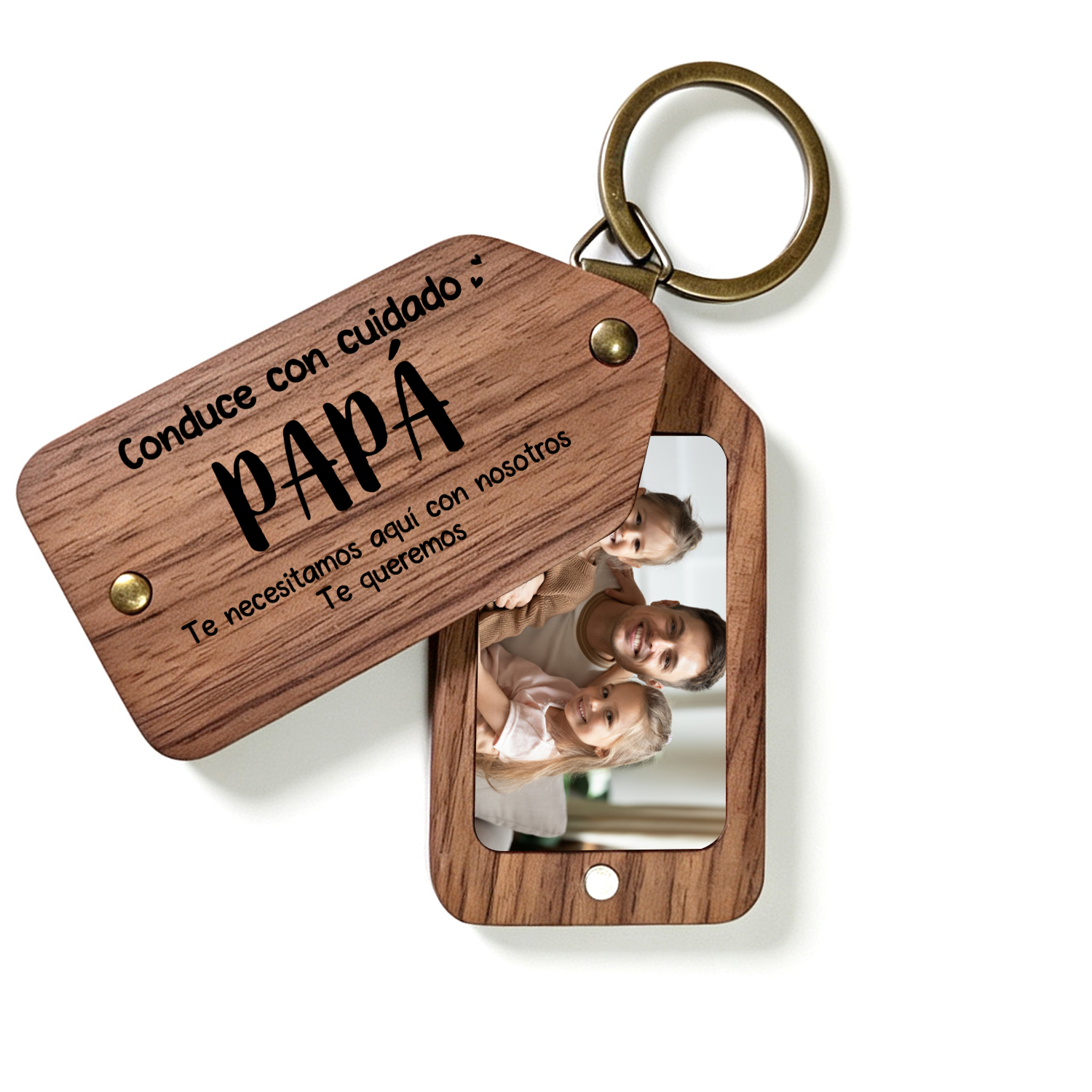Llavero de madera personalizado con foto “Conduce con cuidado, PAPÁ”