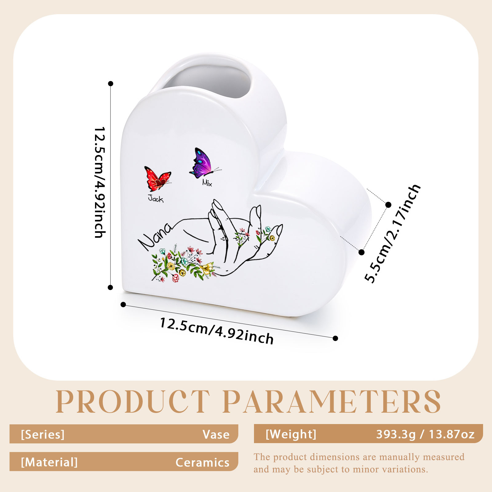 Jarrón de cerámica para Nana con corazones y mariposas, personalizado con 2-8 nombres