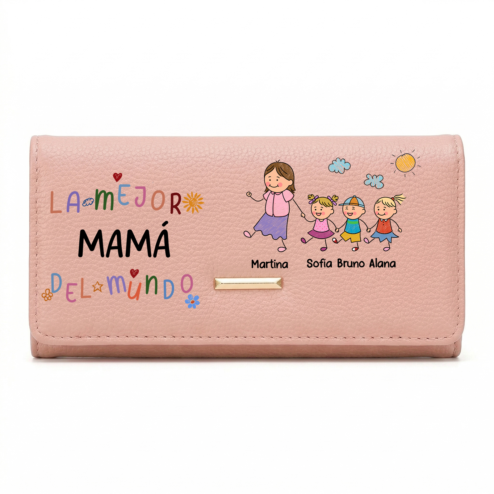 Cartera de cuero personalizada «La mejor mamá de todos los tiempos» con motivo familiar, personalizada con 1 a 8 nombres