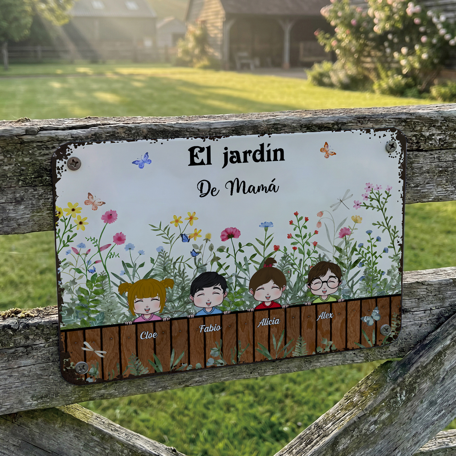 Placa metálica personalizada para el jardín floral de los abuelos con los nombres de 1 a 9 hijos