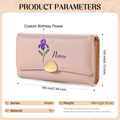 Cartera larga de piel para mujer personalizada, hecha a medida con flor de nacimiento y nombre