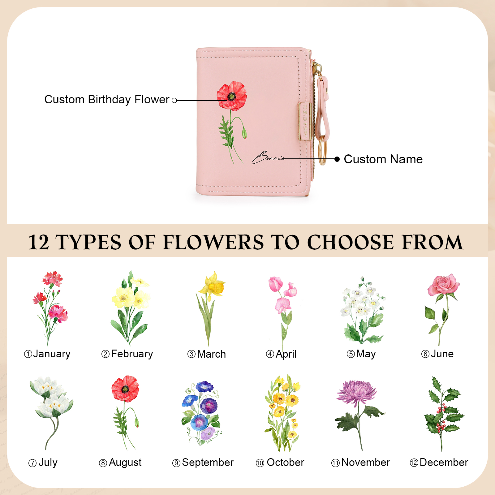 Cartera de cuero personalizada para mujer con nombre y flor de nacimiento
