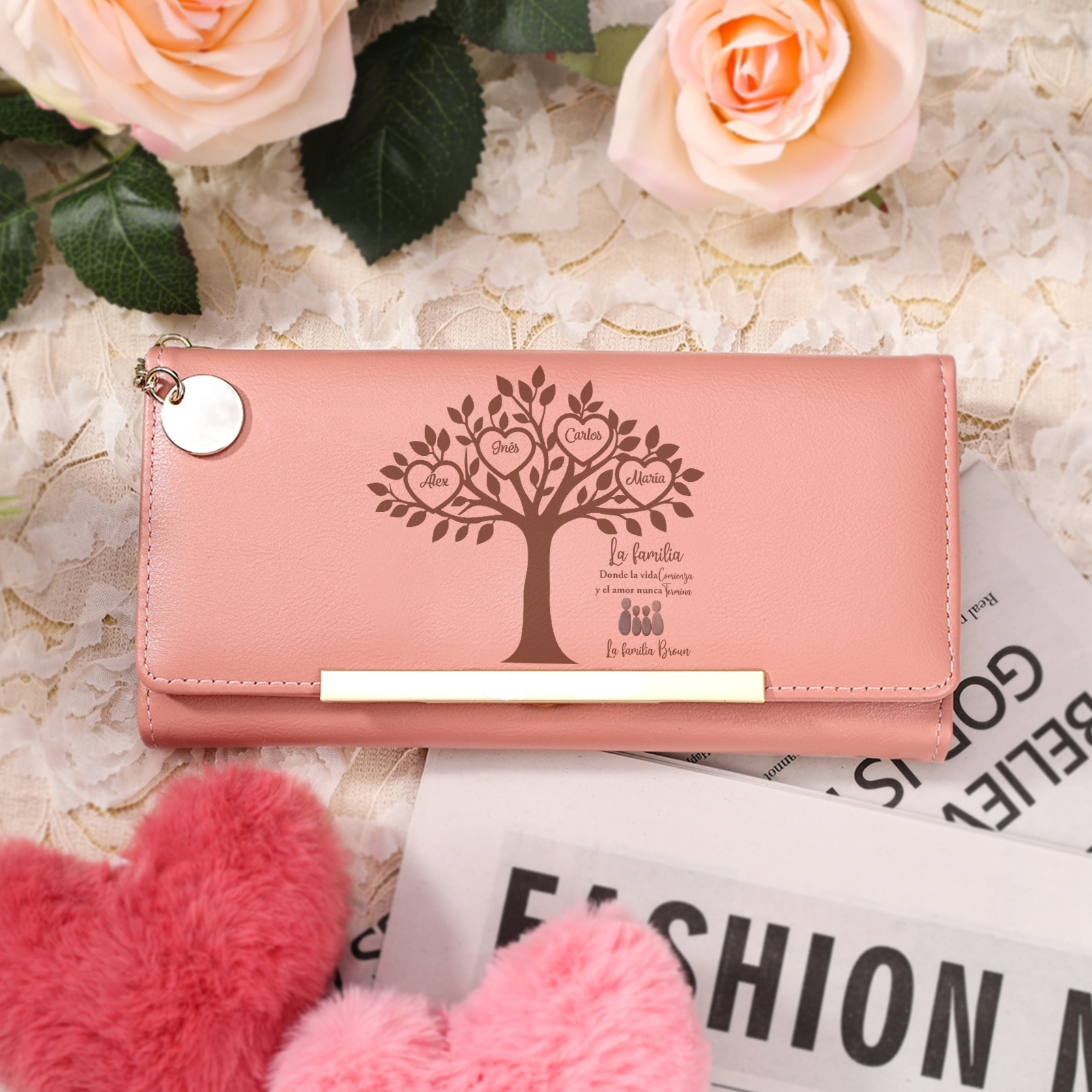 Cartera de piel rosa para mamá con árbol genealógico familiar de guijarros personalizable con 2 a 6 nombres