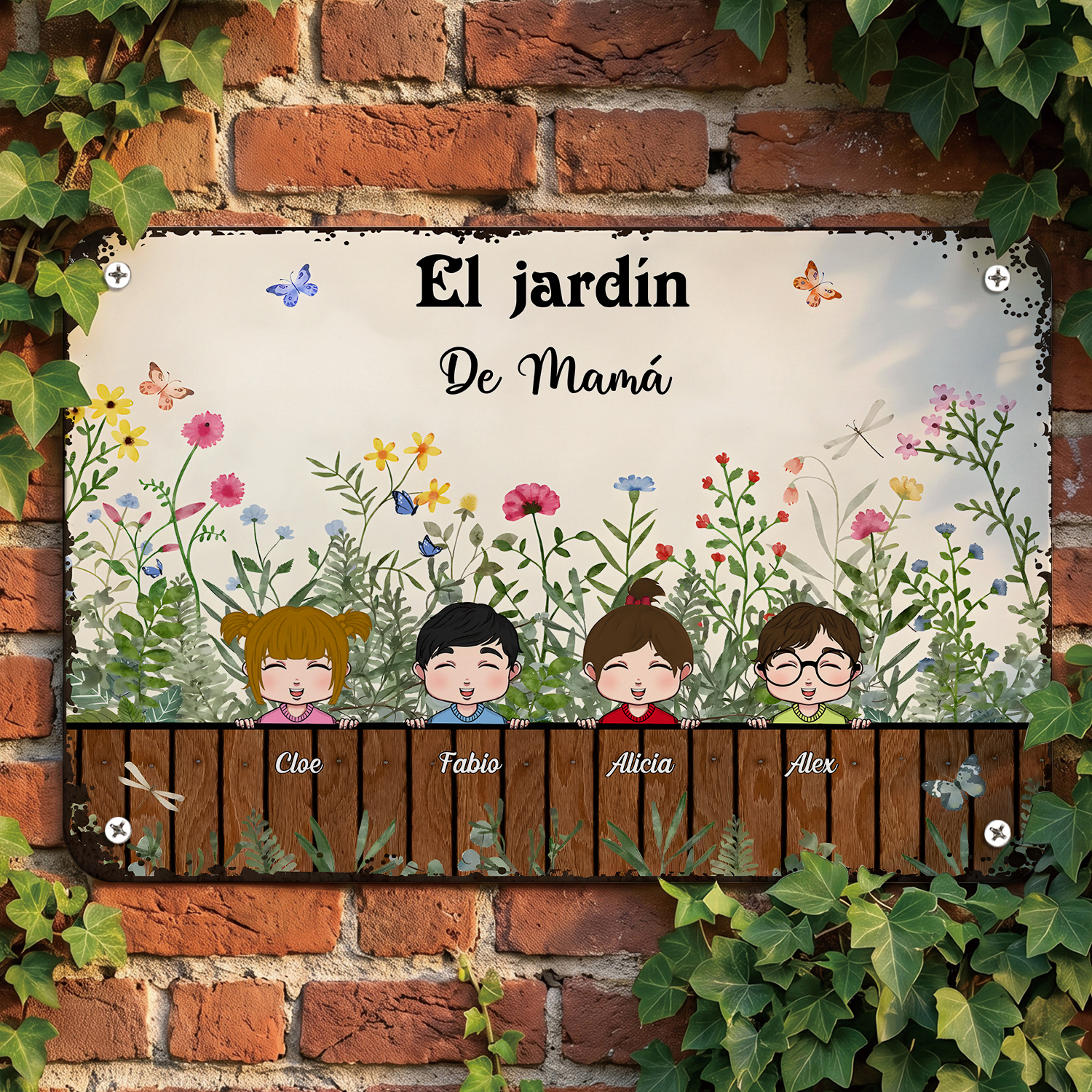Placa metálica personalizada para el jardín floral de los abuelos con los nombres de 1 a 9 hijos