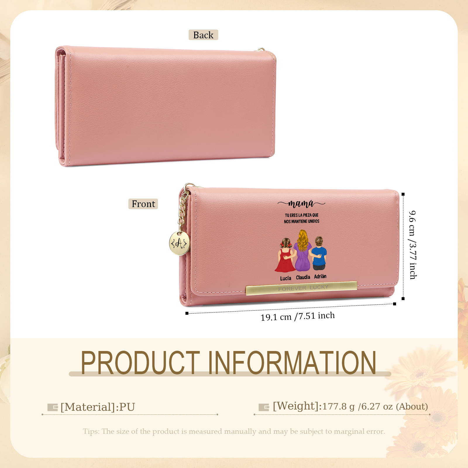 Cartera de cuero personalizada para mamá con 1–6 figuras de niños y nombres