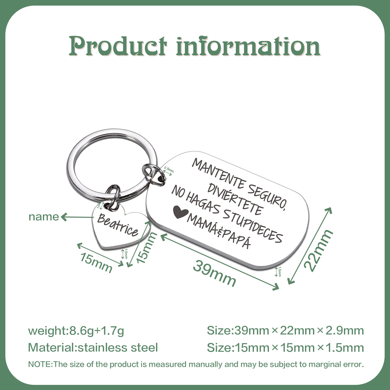 Llavero de placa "MANTENTE SEGURO, DIVIÉRTETE, NO HAGAS STUPIDECES" a hijo de padres 1 nombre personalizado-Jessemade ES