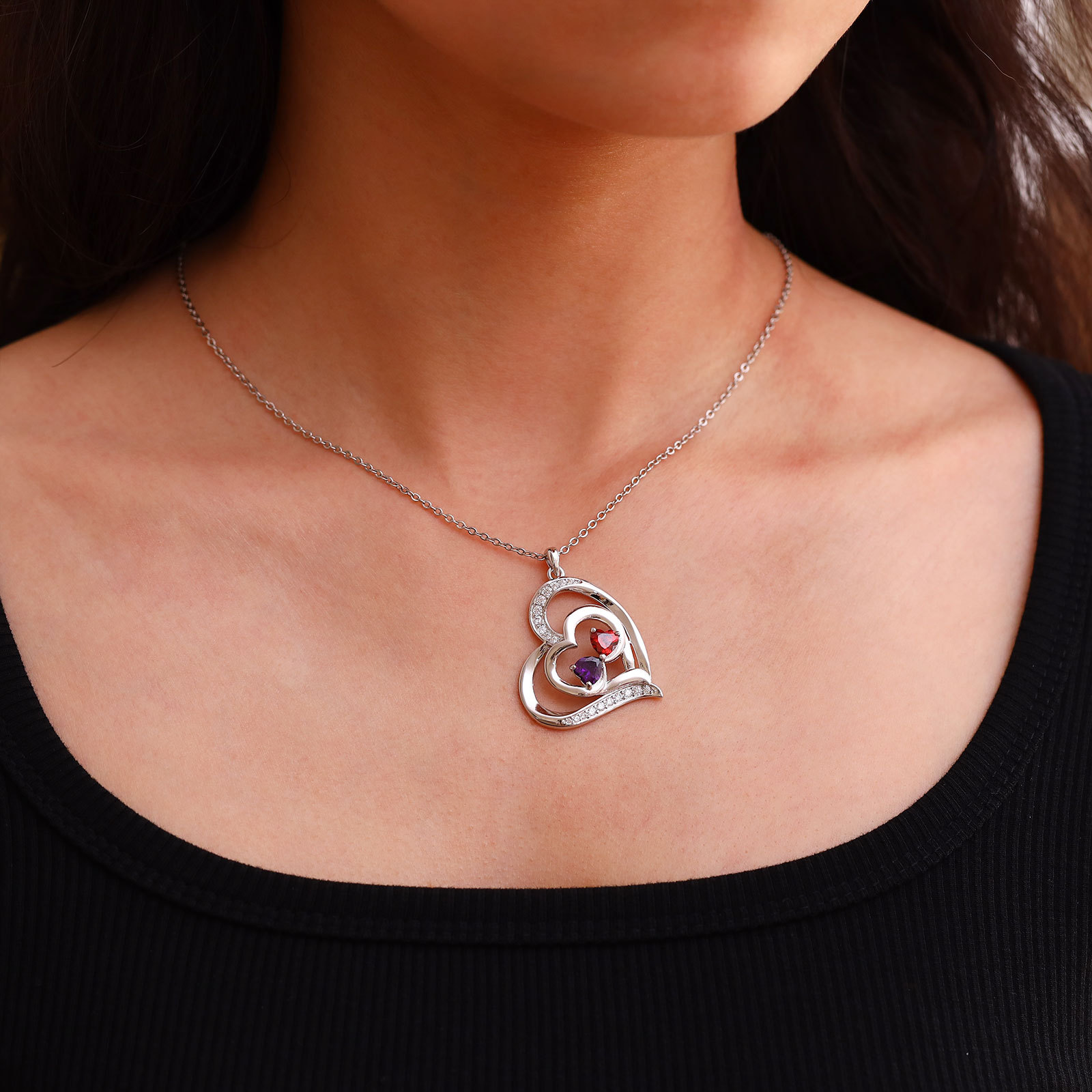 Collar de corazón con 2 nombres y piedras de nacimiento personalizados-Jessemade ES