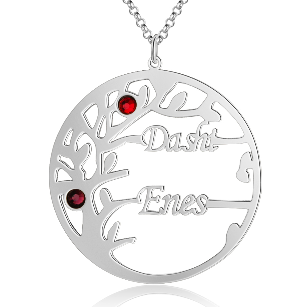 Collar de plata 925 Árbol de la Vida Árbol Genealógico 2 nombres y 2 piedras de nacimiento-Jessemade ES