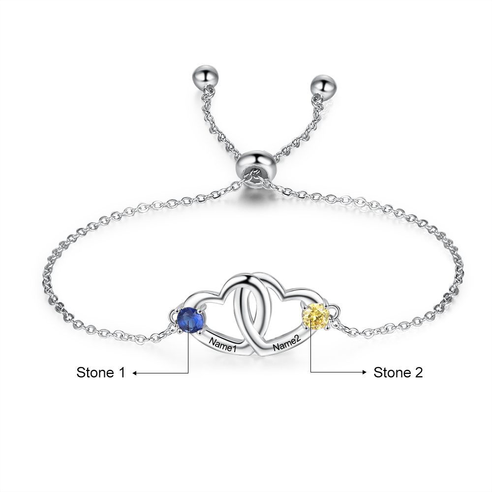 Pulsera ajustable de corazón con 2 piedras de nacimiento y 2 nombres personalizados