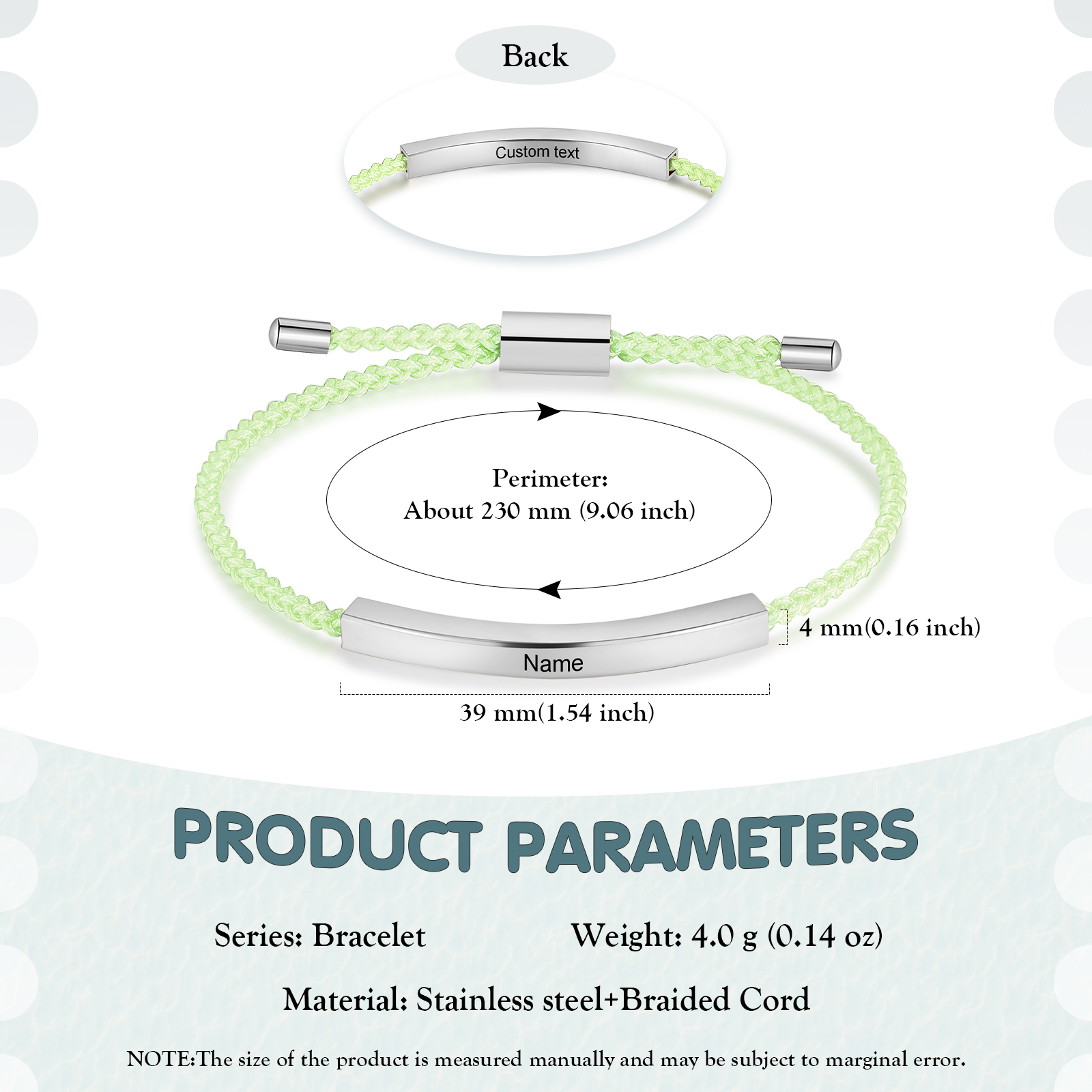 Pulsera de cuerda tejida a mano con nombre y texto personalizados seis colores placa plateada