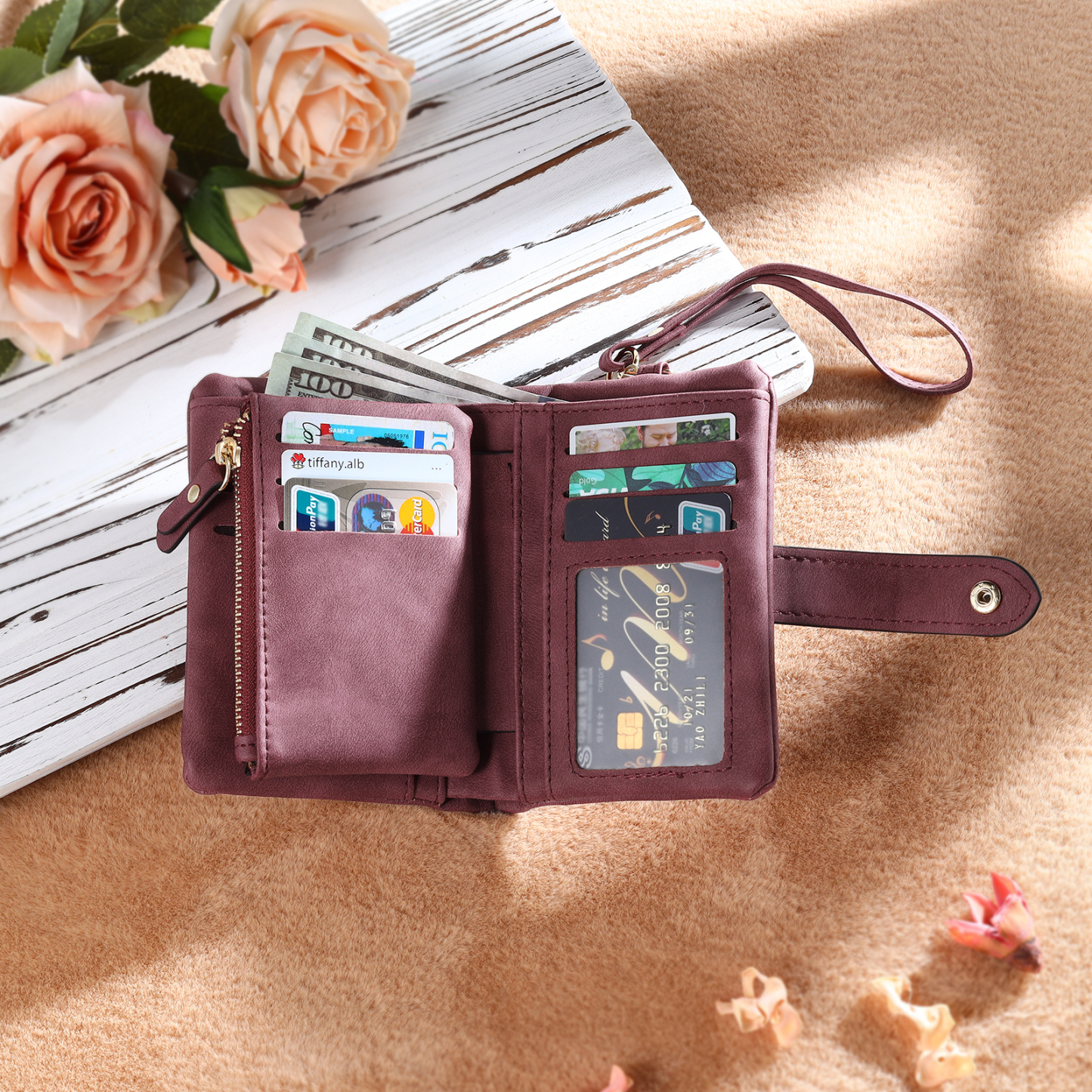 Cartera, billetera con 1 nombre y 1 flor de nacimiento personalizados monedero clásico para mujer