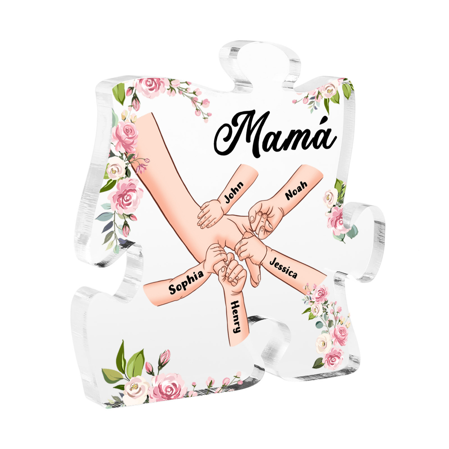 A mi mamá/abuela-Placa de acrílico en forma de corazón mano a mano con 1 texto y 5 nombres personalizados | Jessemade