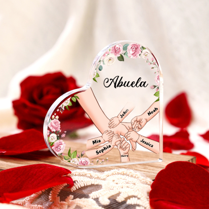 A mi mamá/abuela-Placa de acrílico en forma de corazón mano a mano con 1 texto y 6 nombres personalizados | Jessemade