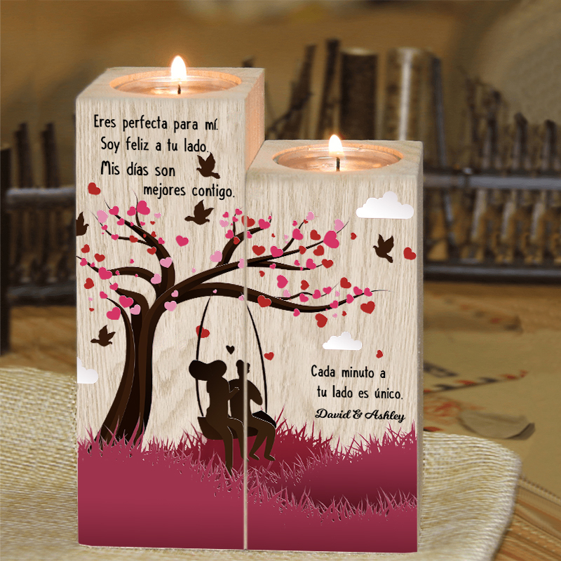 Candelero de siluetas de pareja de madera de dos piezas sin candela con 1 texto personalizado-Jessemade ES