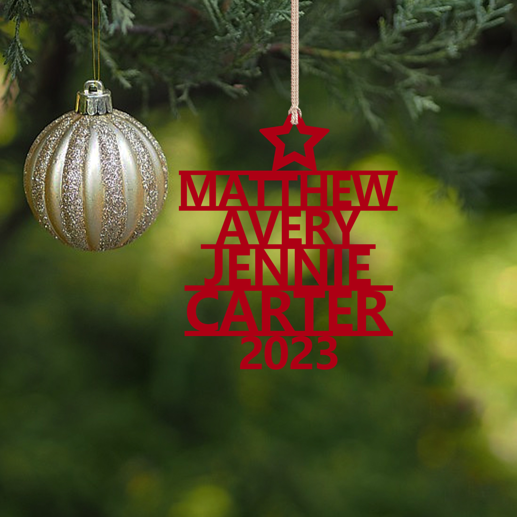 Navidad-Ornamento navideño de madera árbol de nombres con 4 nombres y año personalizados