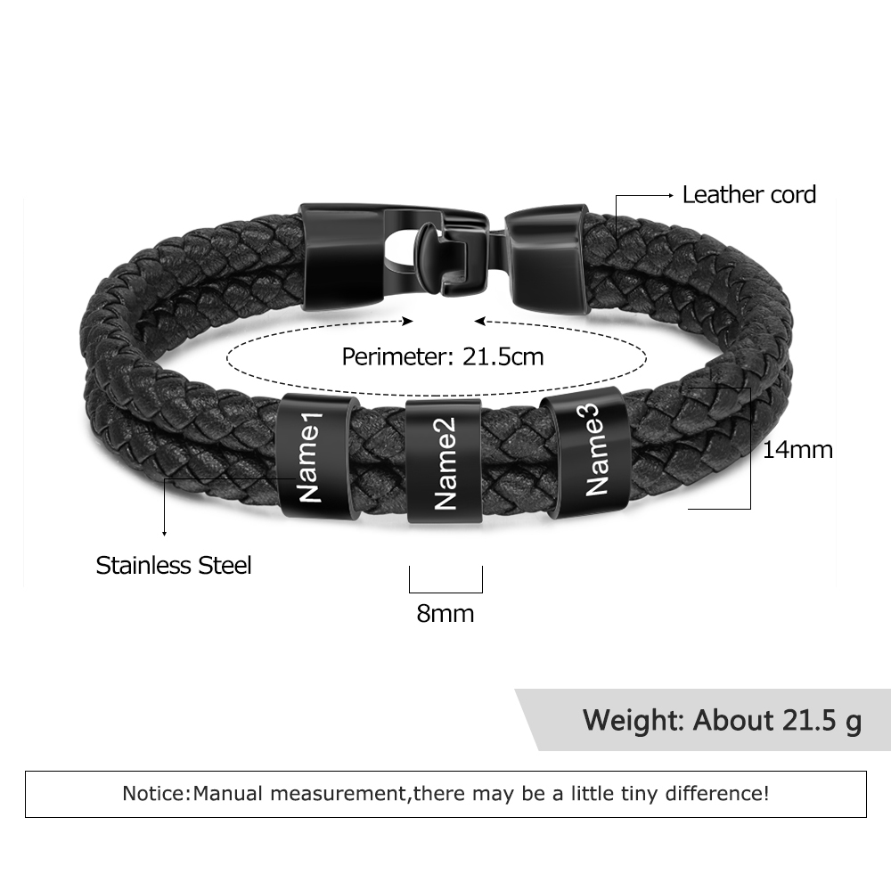 A mi papá-Pulsera de cuero trenzado 3 aros con 3 nombres personalizados pulsera de hombre-Jessemade ES