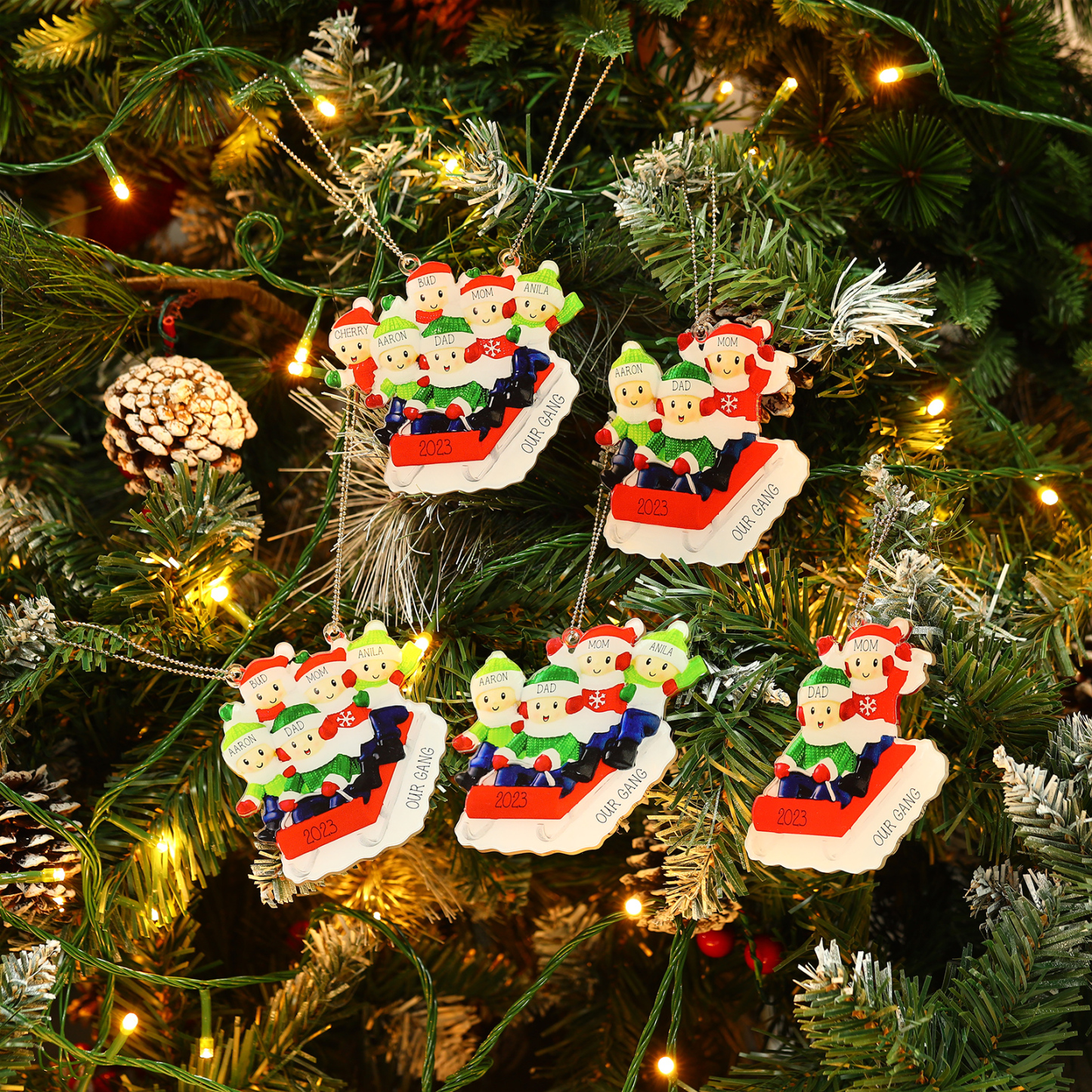 Navidad-Ornamentos Navideños de Acrílico Carro de Esquí 6 Nombres con Texto y Año Personalizados