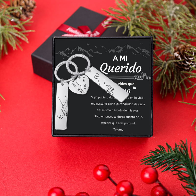 A mi querido-Llavero para pareja mano a mano 2 letras personalizadas con fecha-Jessemade ES