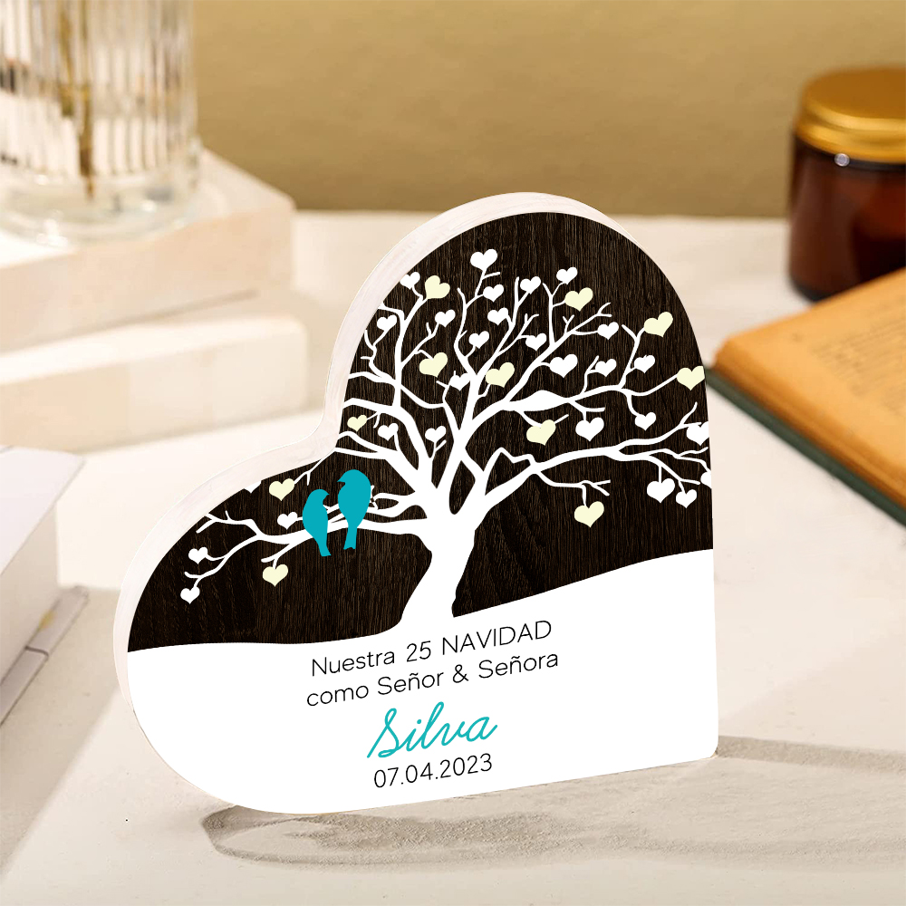 Navidad-Placa de acrílico en forma de corazón aniversario de navidad con número, fecha y apellido personalizados-Jessemade ES