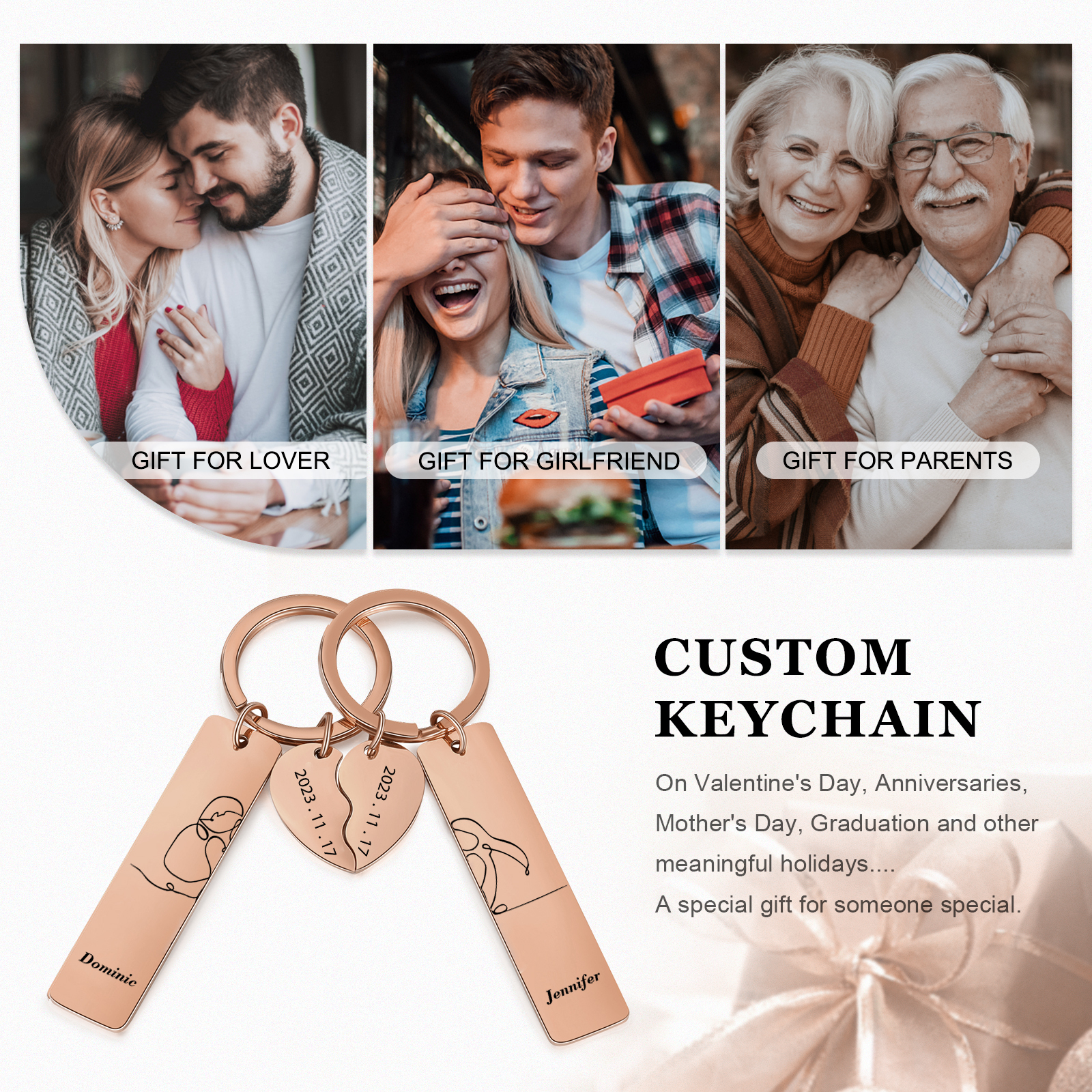 Llavero para pareja siluetas 2 nombres personalizados con fecha dije de medio corazón-Jessemade ES