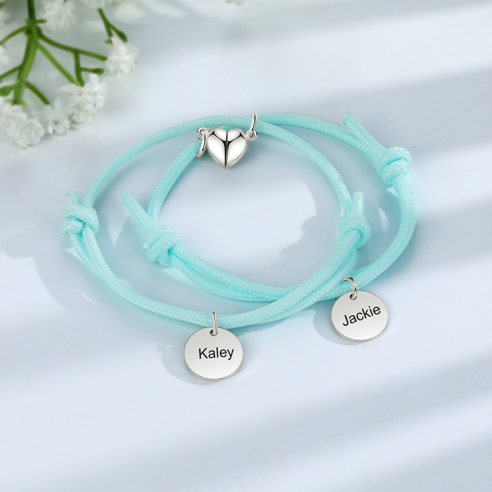 Pulseras de cuerda luminosa personalizadas para pareja con dije de corazón magnético grabado de dos nombres-Jessemade ES