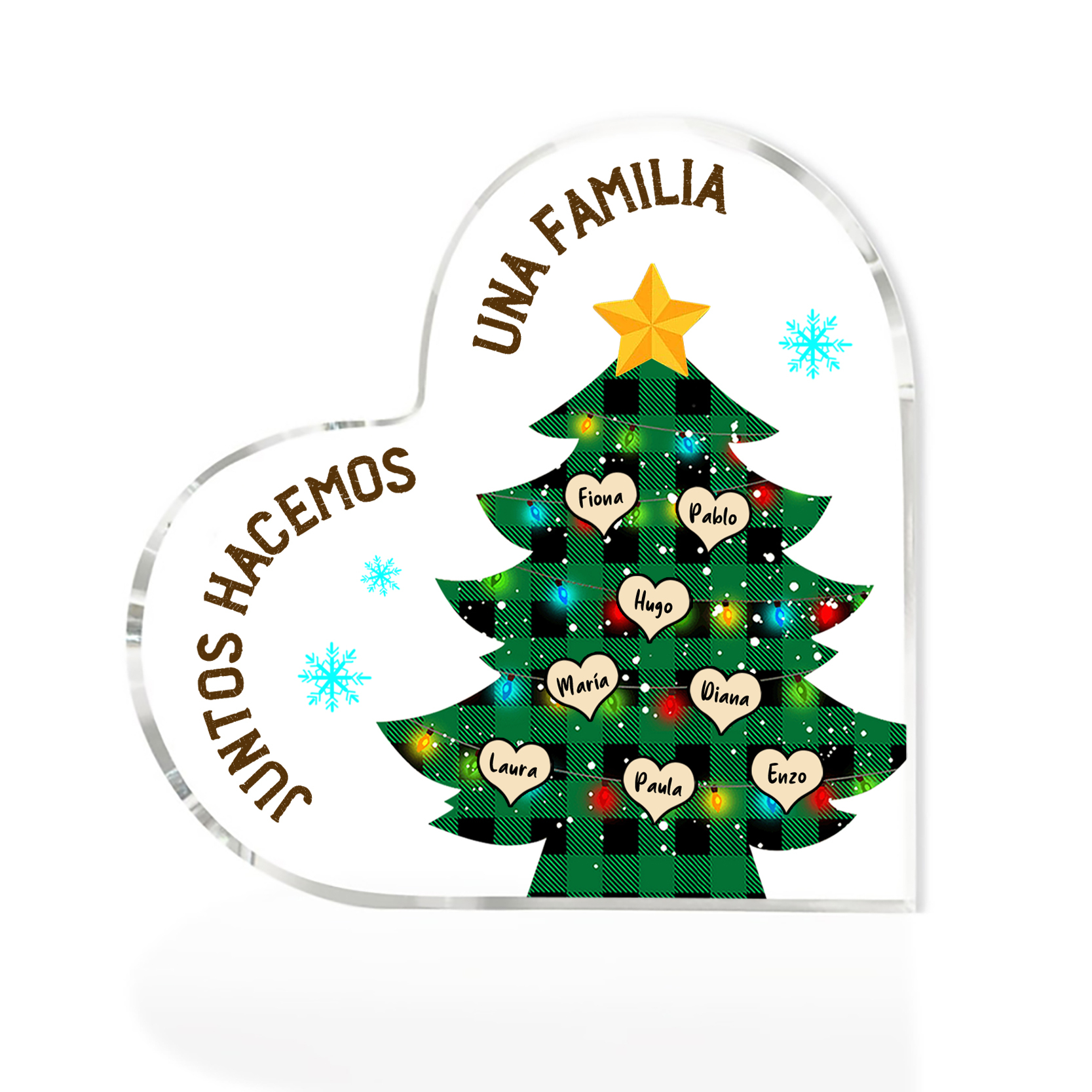 Navidad - Placa de acrílico en forma de corazón árbol con luces con 8 nombres personalizados-Jessemade ES