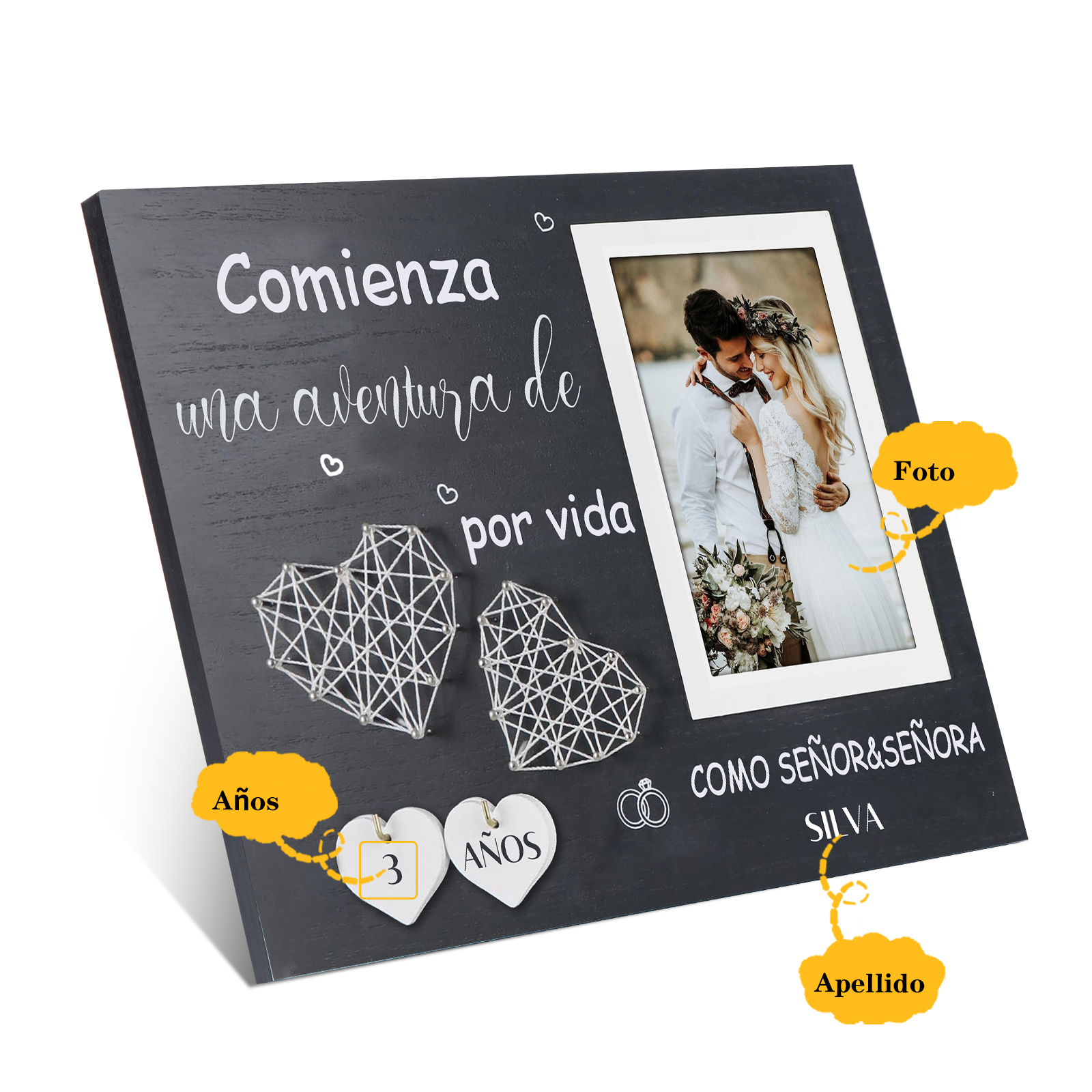 Lámina marco de madera para pareja apellido y número personalizados con 1 foto-Jessemade ES