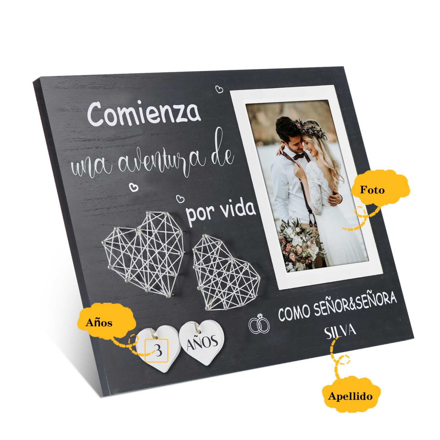 Lámina marco de madera para pareja apellido y número personalizados con 1 foto-Jessemade ES