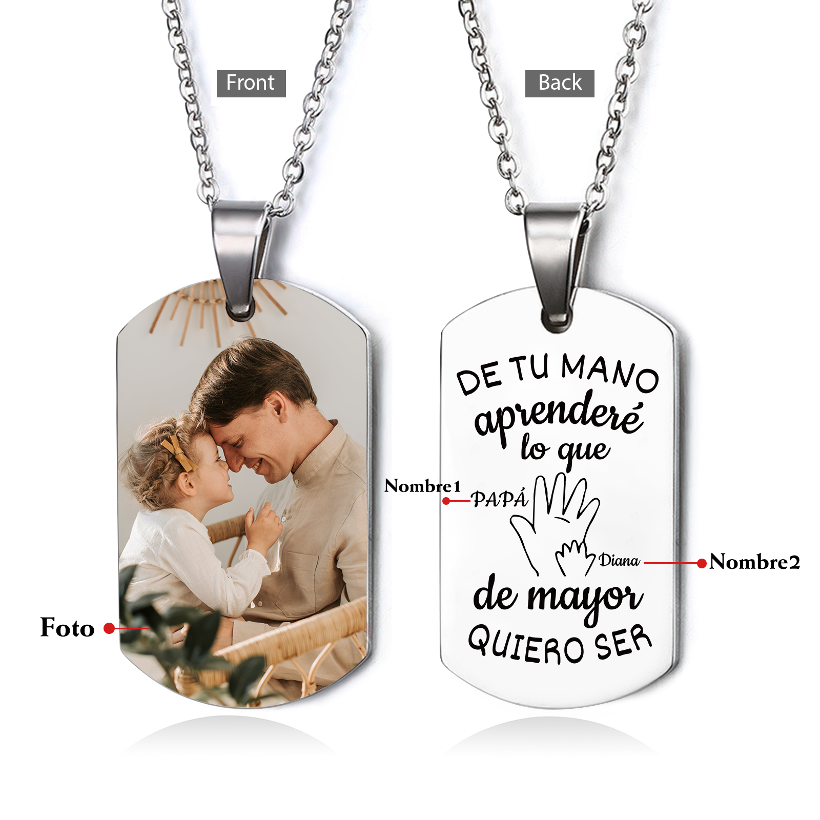 A MI PAPÁ-Collar "mano y manito" de placa personalizada con 2 nombres y foto-Jessemade ES