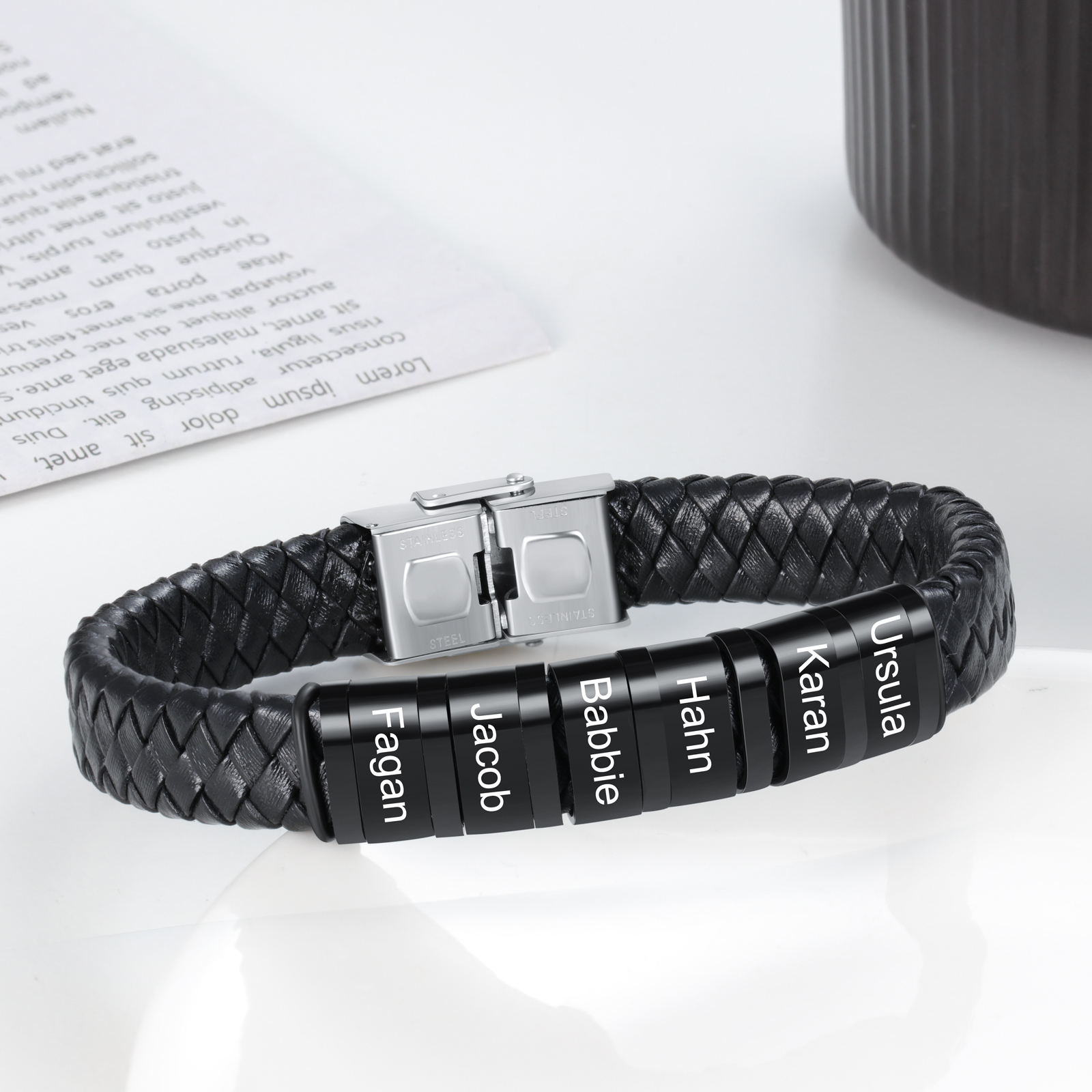 A mi querido-Pulsera de cuero trenzado de hombre con 6 perlas personalizadas con 6 nombres-Jessemade ES