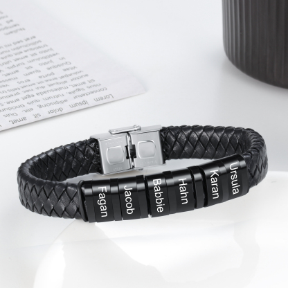 A mi querido-Pulsera de cuero trenzado de hombre con 6 perlas personalizadas con 6 nombres-Jessemade ES