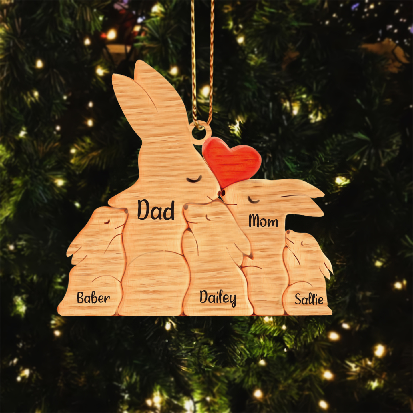 Navidad-Ornamento muñecos navideño de madera familia de conejos 5 nombres personalizados adorno del árbol-Jessemade ES