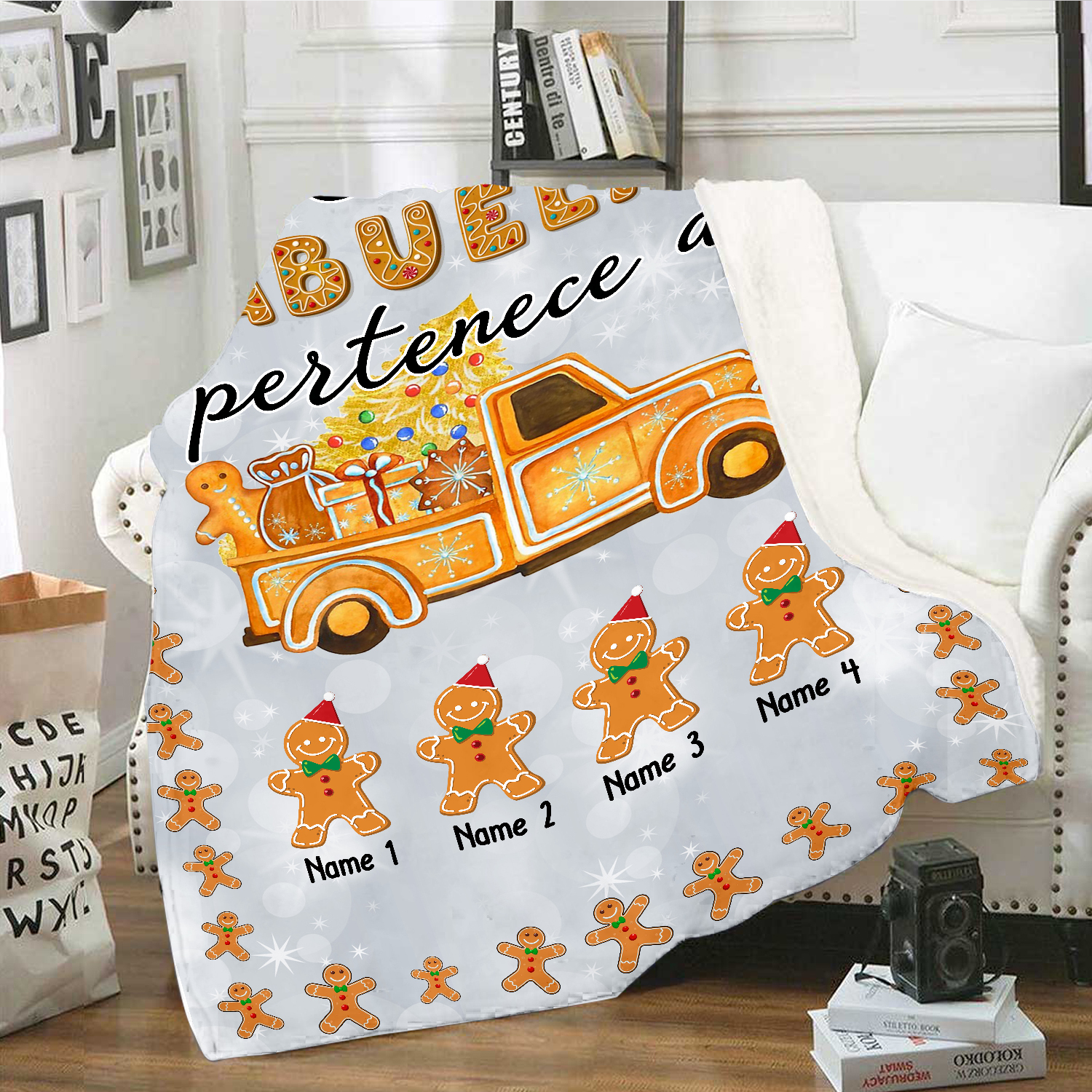 A mi abuela-Manta de buen calidad de Navidad hombres de jengibre personalizada con 4 nombres-Jessemade ES