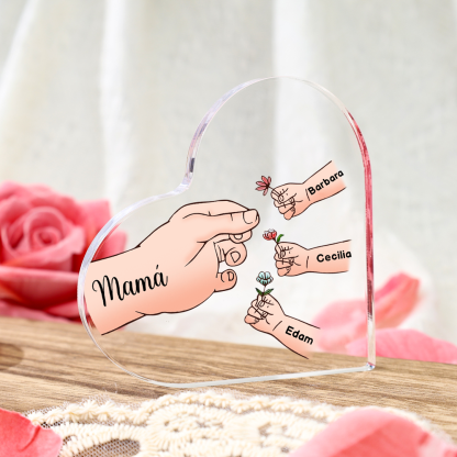 A mi mamá/abuela-Placa de acrílico en forma de corazón mano y manitos 1-8 nombres y 1 texto personalizados-Jessemade ES