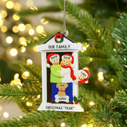 Navidad-Ornamentos Navideños de Acrílico Familia en Puerta con Perro 4 Nombres Personalizados con 2 Textos-Jessemade ES