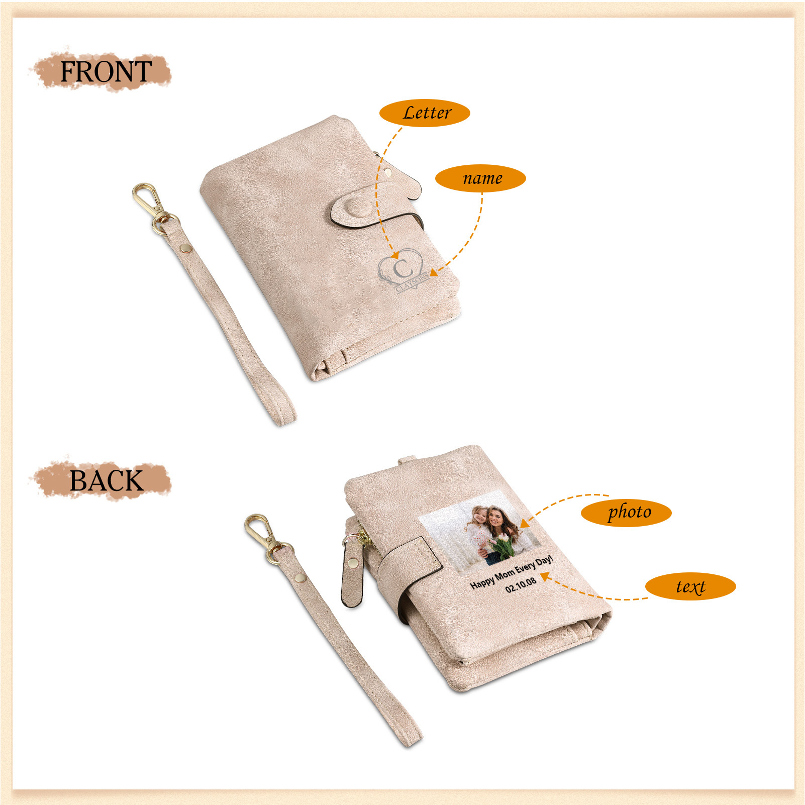 Cartera, billetera con 1 nombre, 1 letra, 1 texto y 1 foto personalizados monedero clásico para mujer-Jessemade ES