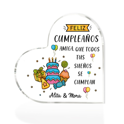 Cumpleaños-Placa de acrílico en forma de corazón para amiga con 2 nombres personalizados-Jessemade ES