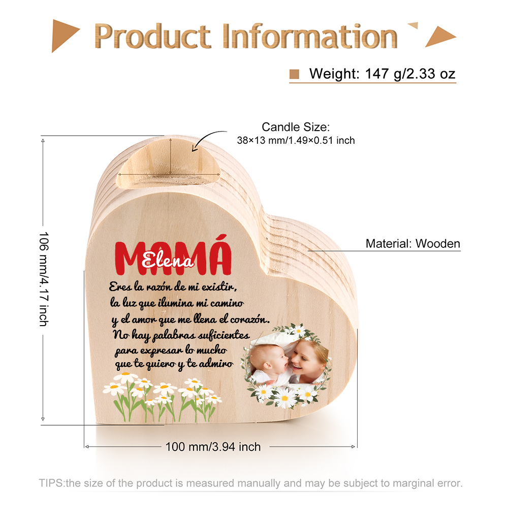 A mi mamá-Candelero con nombre y foto personalizados en forma de corazón de madera sin candela-Jessemade ES