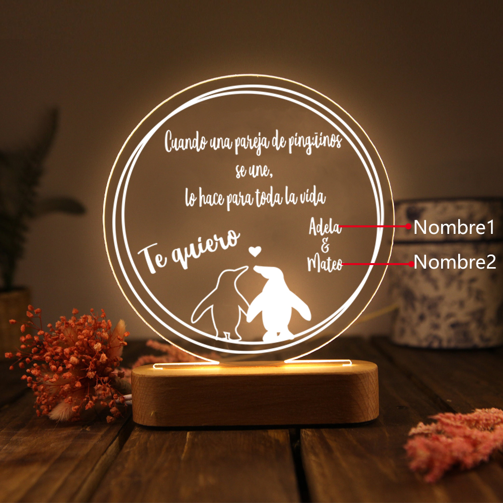 Valentín-Lámpara Ilusión 3D Luz de Noche LED Pingüinos con 2 Nombres Personalizados-Jessemade ES