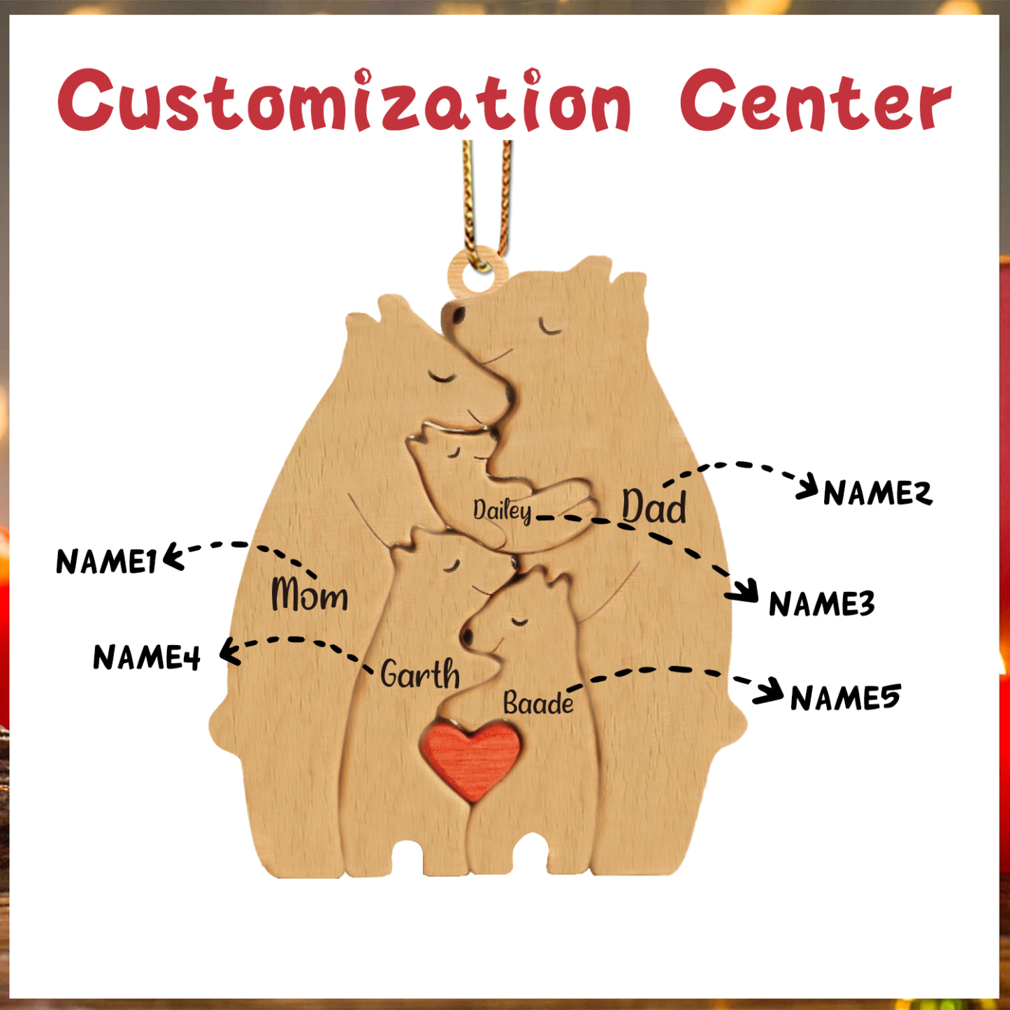 Navidad-Ornamento muñecos navideño de madera familia de canguros 5 nombres personalizados adorno del árbol-Jessemade ES