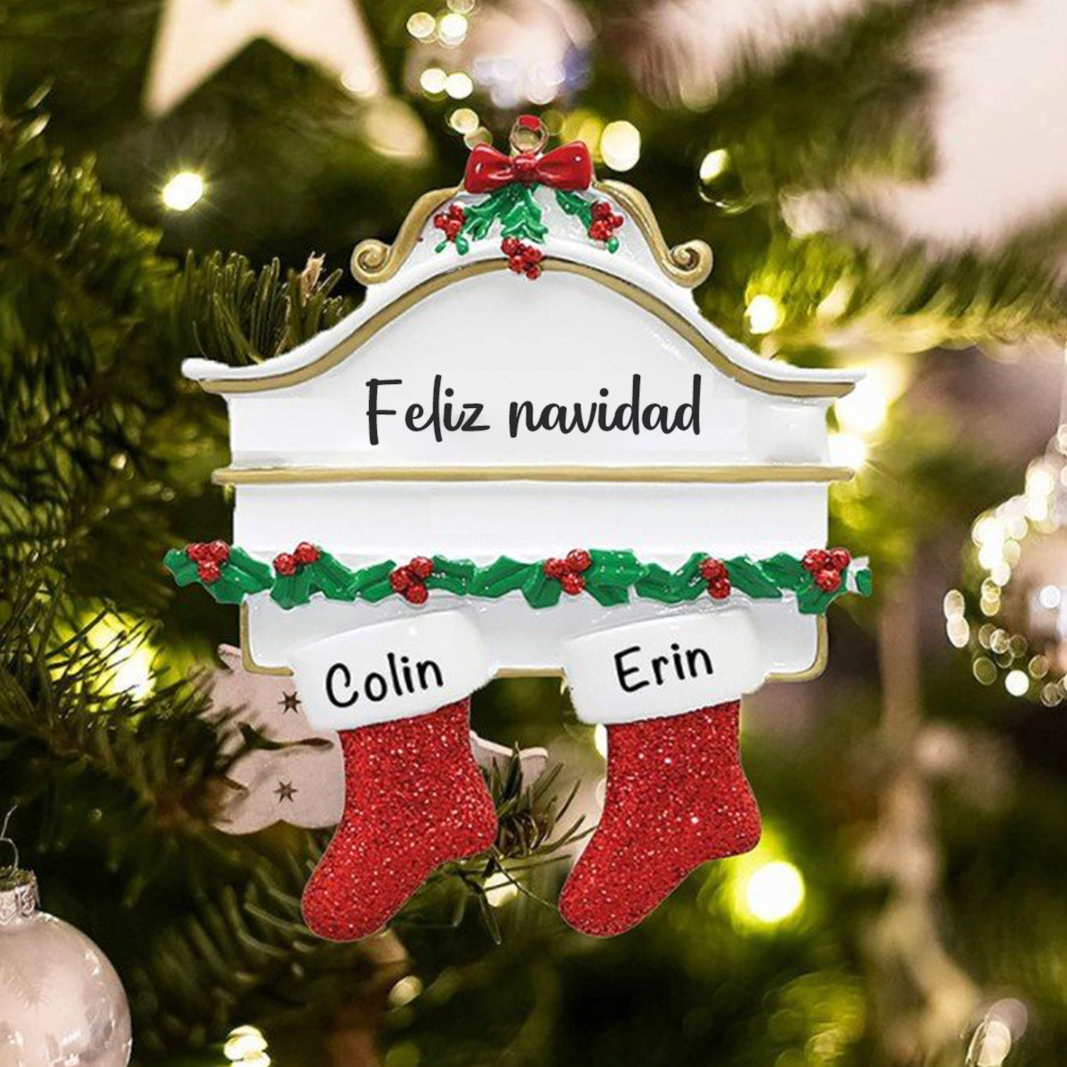 Ornamento navideño 2 nombres personalizados con texto Adorno