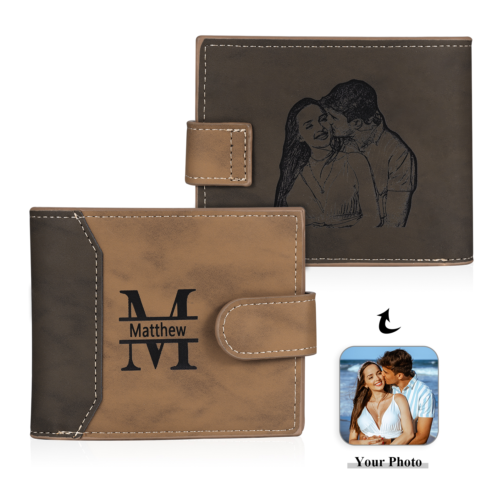 Cartera, billetera personalizada con 1 foto, 1 nombre y 1 letra monedero para hombre-Jessemade ES