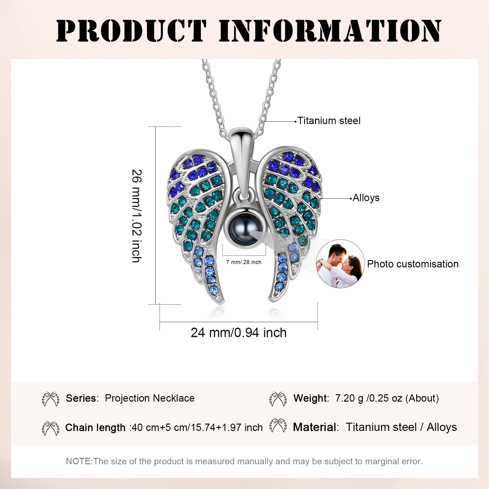 Collar de alas de ángel abiertas personalizado con 1 foto en proyección-Jessemade ES