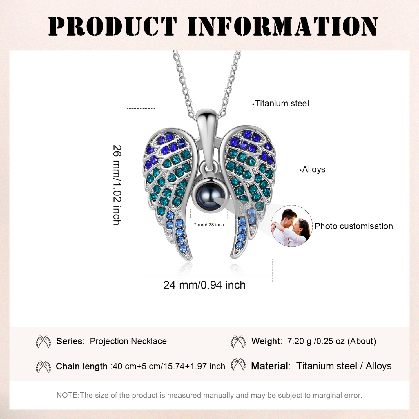 Collar de alas de ángel abiertas personalizado con 1 foto en proyección-Jessemade ES